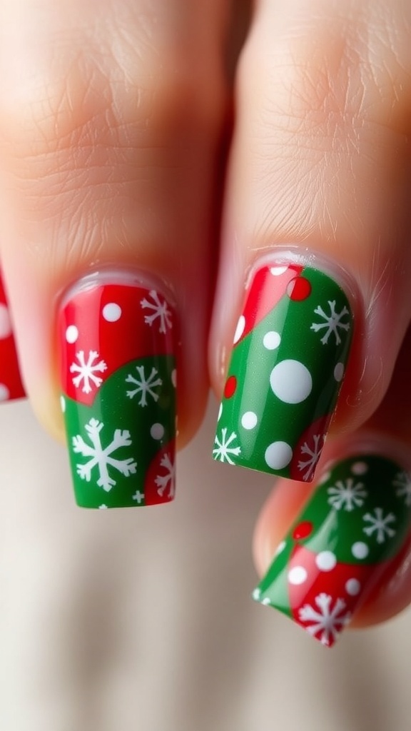 Short square Christmas nails in red and green with white snowflakes and dots.